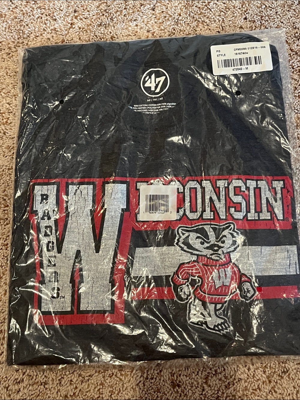 47 Wisconsin Black Graphic Tee with Red and White Accents